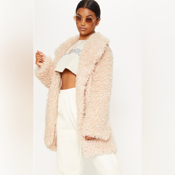 PRETTY LITTLE THING Stone Teddy Faux Fur Coat - Size US 6 - Picture 5 of 10